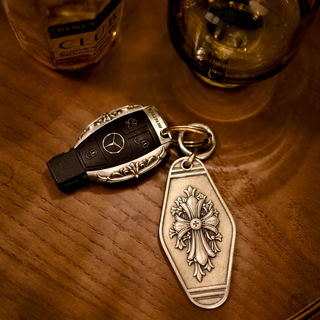 Gothic Fleur Cross Personalized Keychain